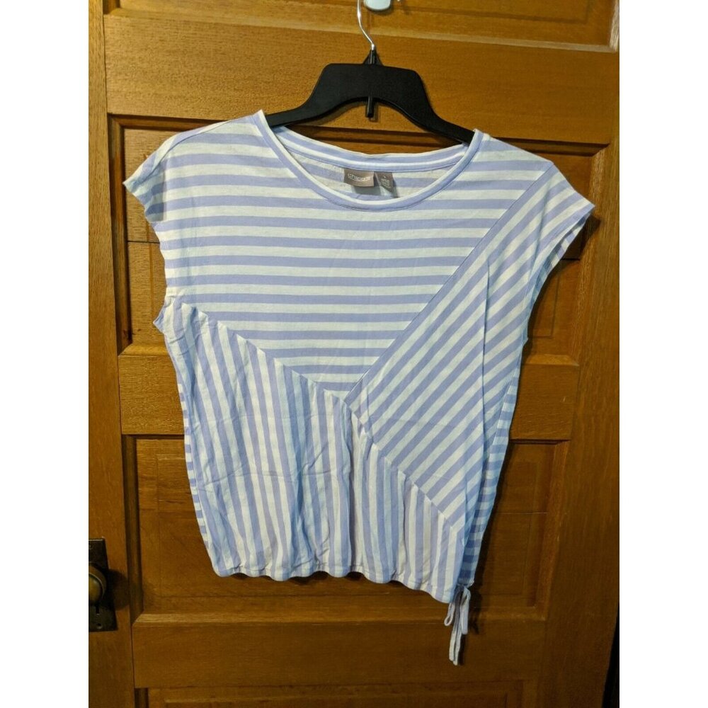 Chicos Size 1 Top Purple White Stripe Block Tie Waist Relaxed Fit Sleeveless